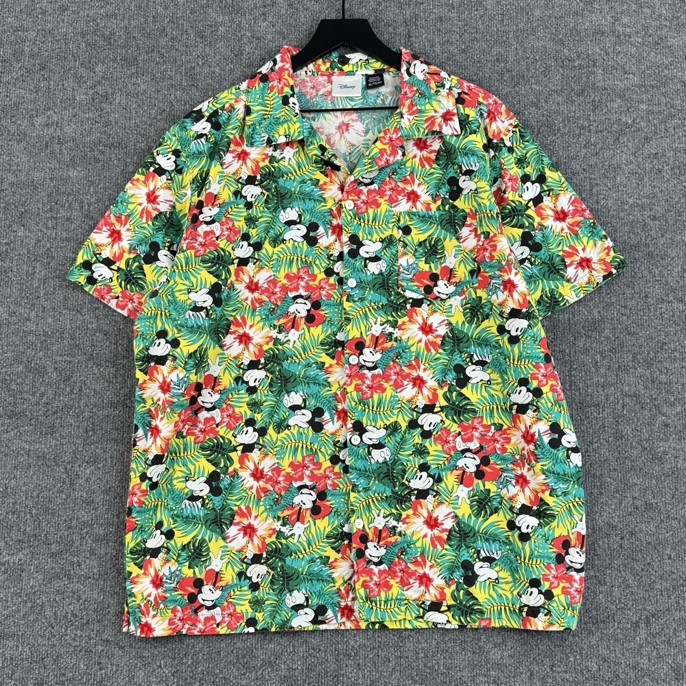 Disney Hawaiian Button Up Shirt Mens XL Green Mickey Mouse Floral Short Sleeve